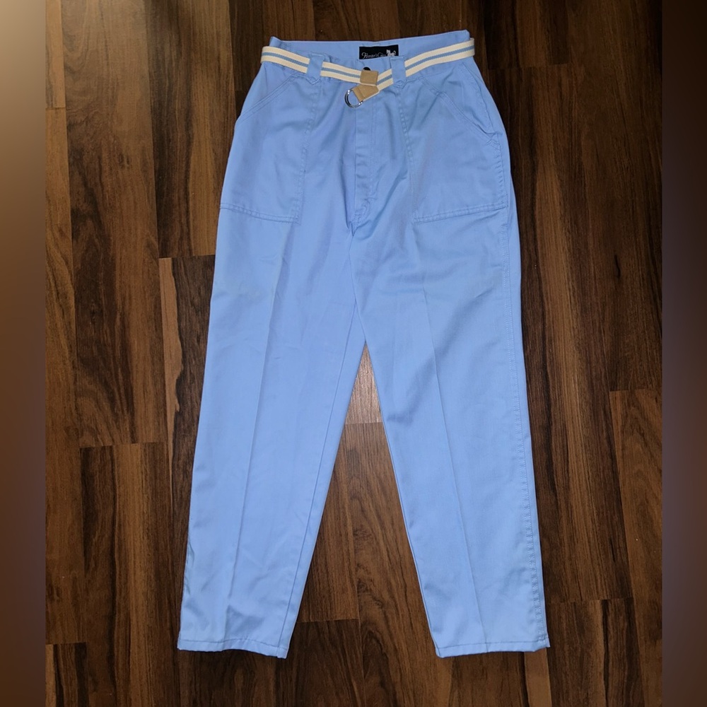 Vintage 80s Hunters Glen Pants Pleated Sz 16 Light Blue Snap Belt Hong Kong